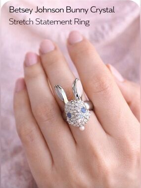 Betsey Johnson Bunny Crystal Stretch Ring | Rhinestone Statement Rabbit Ring